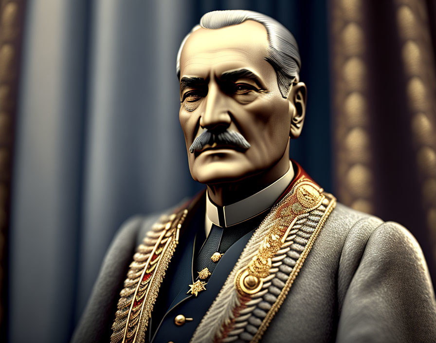 Stylized 3D illustration of military figure in decorated uniform