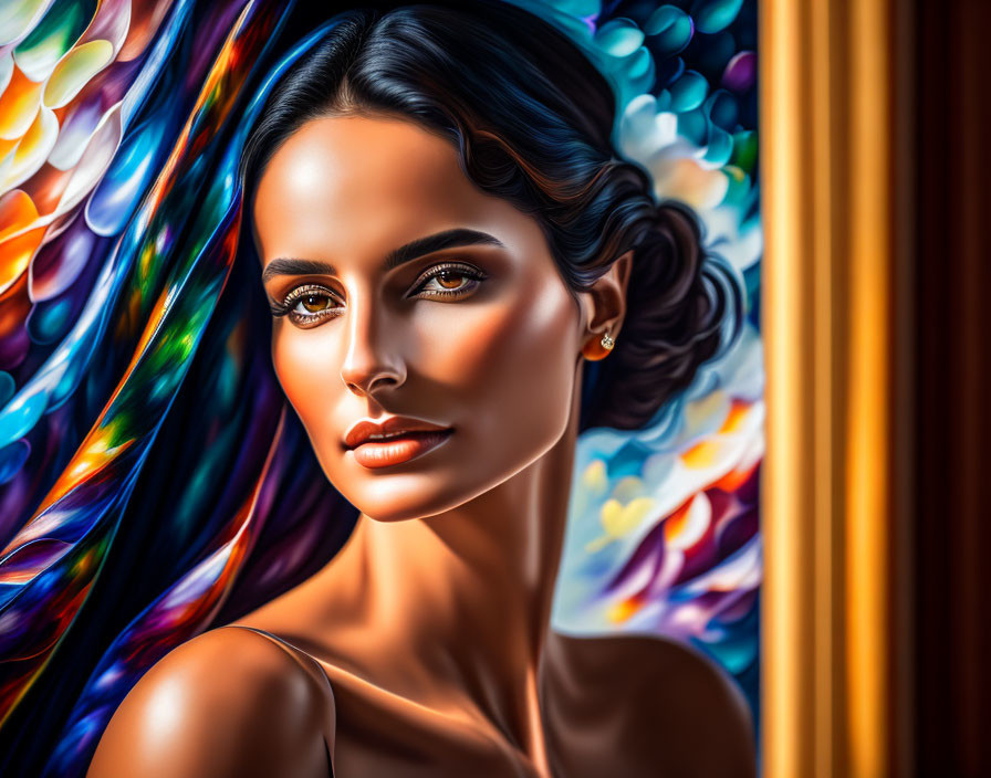 Striking portrait of a woman with intense gaze and colorful hair