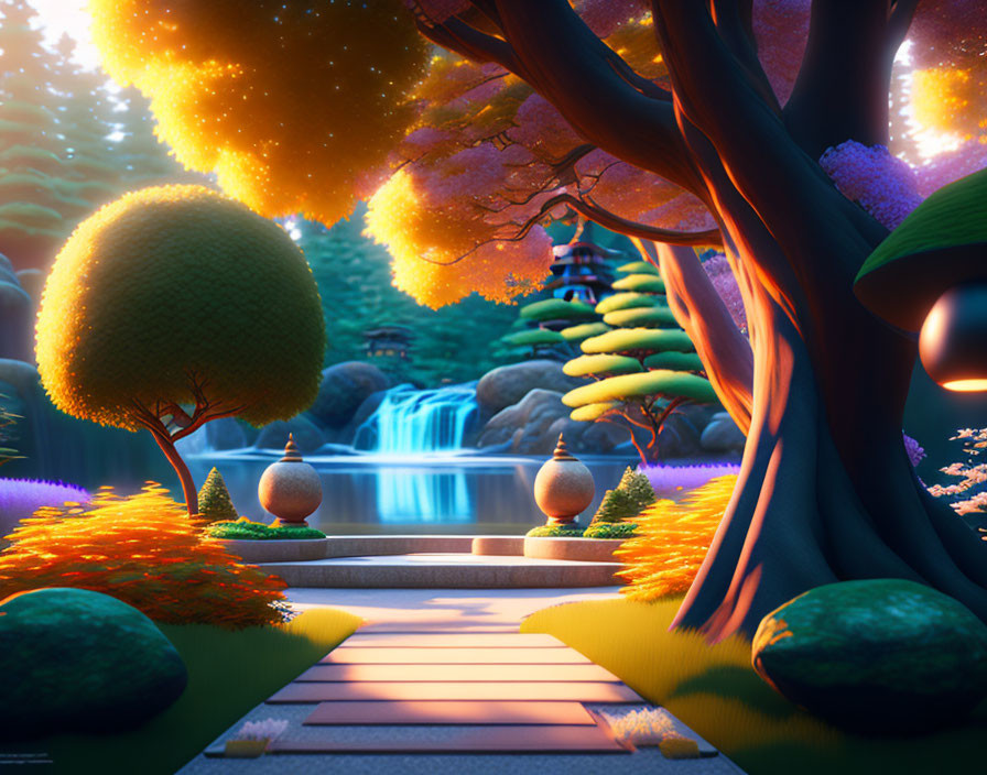Lush Fantasy Garden with Waterfall and Glowing Pathway