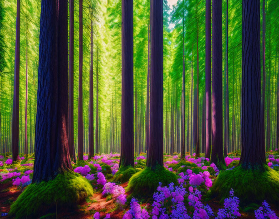 Lush forest with tall trees and pink-purple flowers under sunlight