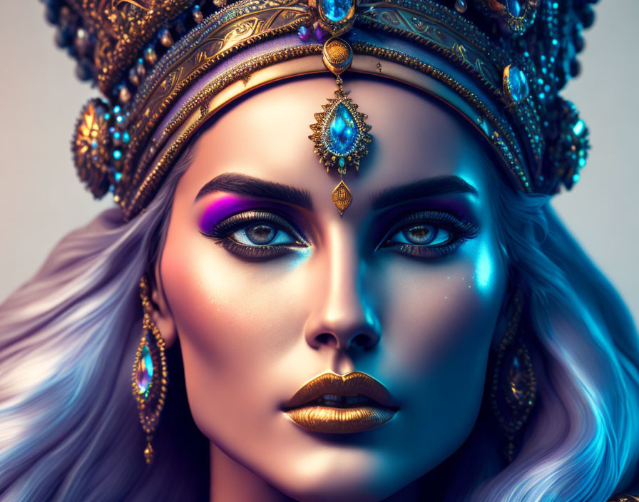 Colorful digital artwork of a woman with bold makeup and jeweled headdress