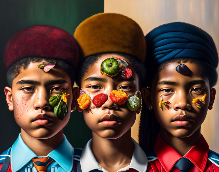 Colorful Headgear and Fruit-Face Portraits in School Uniforms