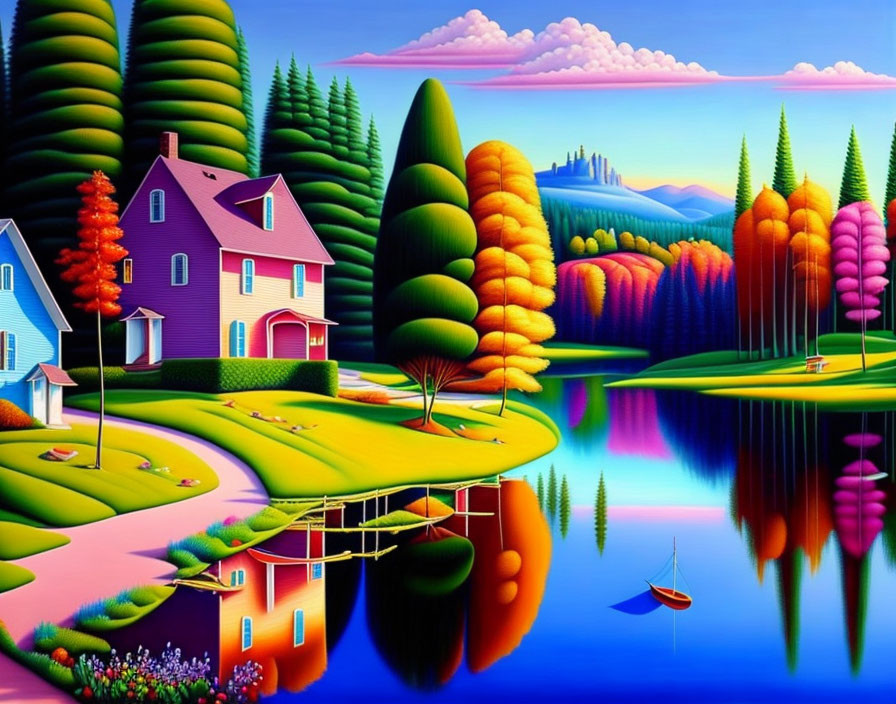 Colorful House and Stylized Landscape with Reflective Lake and Boat