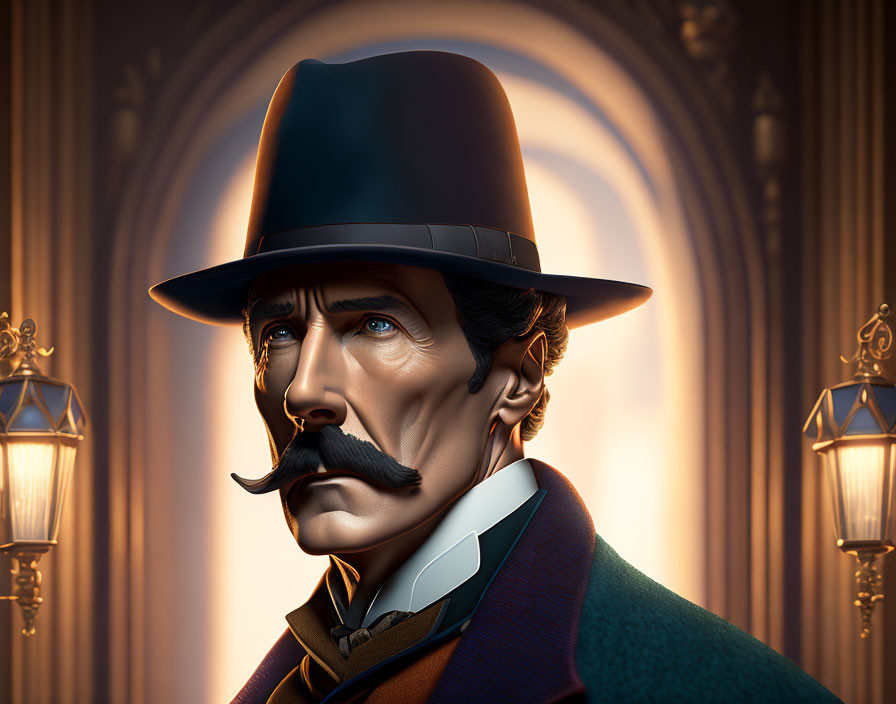 Victorian gentleman with mustache in top hat in ornate hallway