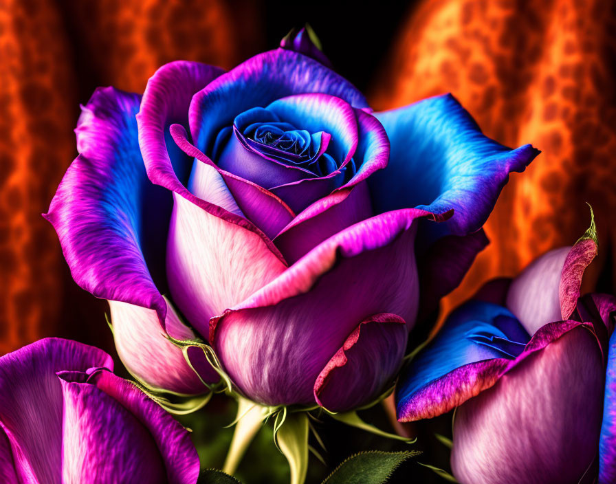 Colorful blue and purple dyed rose on dark background with orange spots