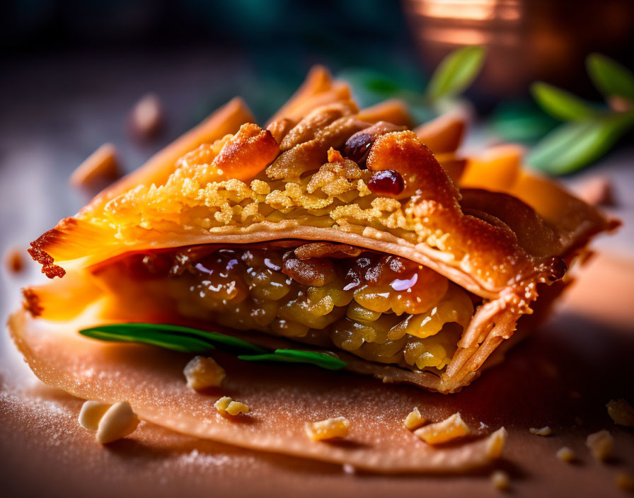 Crispy layered pastry with nuts and syrup on wooden surface