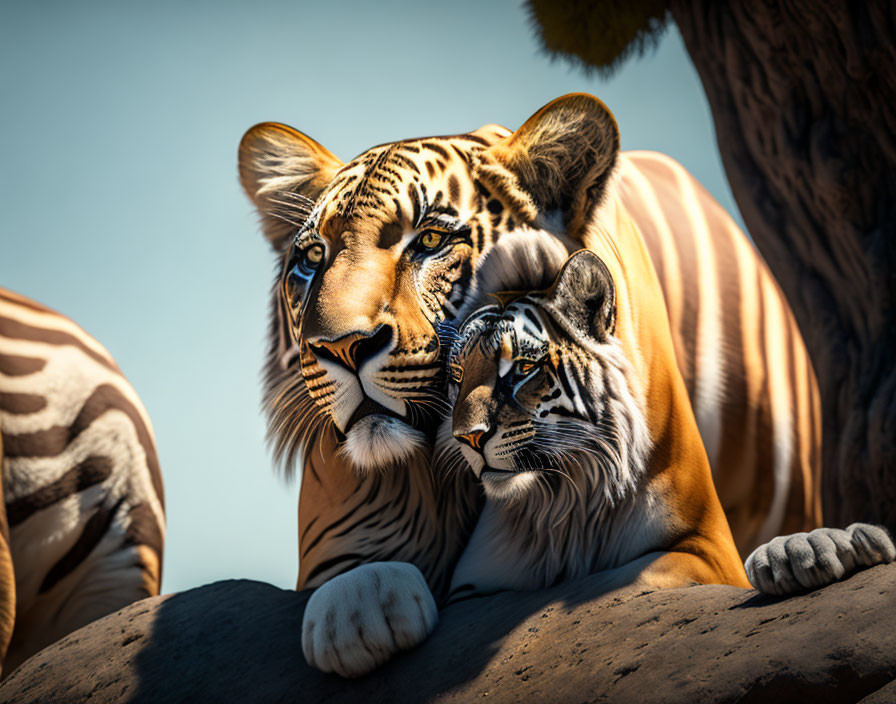 Tiger resting head on zebra-striped object under clear sky