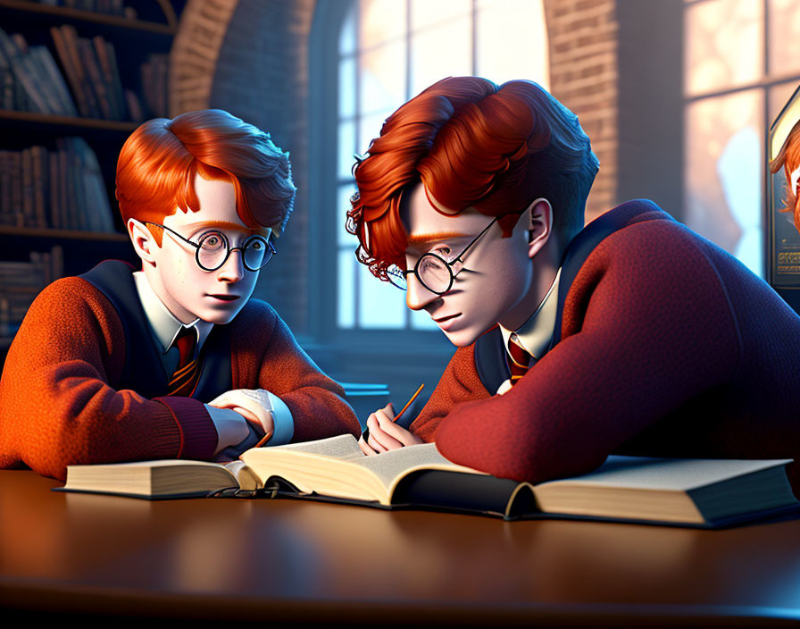 Two boys studying with a large book in a library wearing glasses and similar sweaters