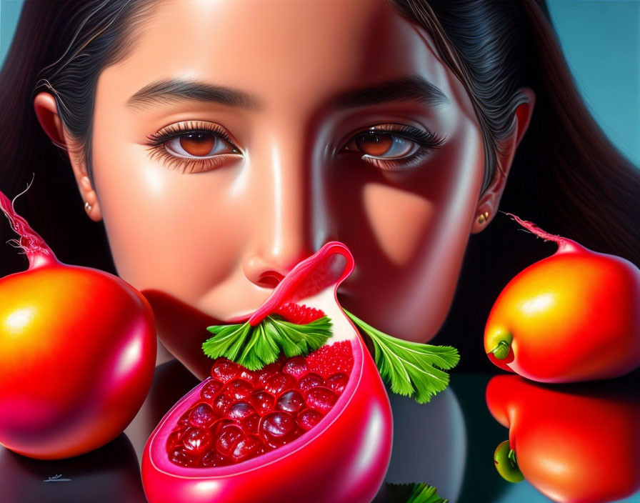Hyperrealistic Image: Woman with Glossy Lips Holding Pomegranate Spoon