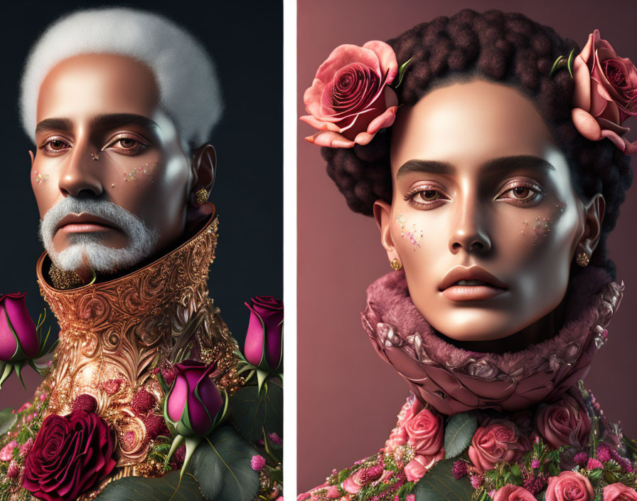 Stylized portraits of man and woman with floral adornments and glitter