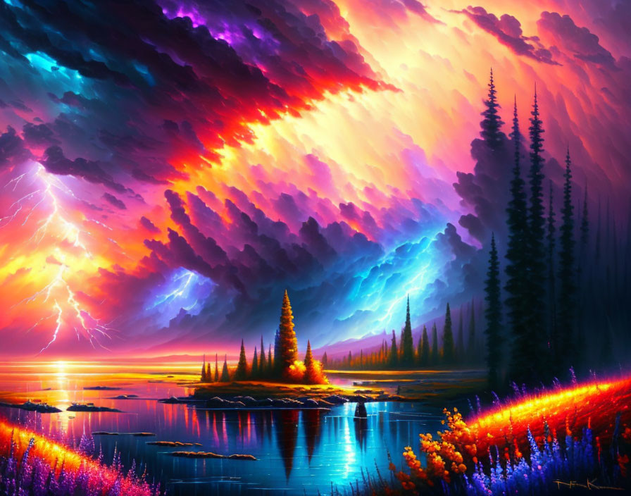 Colorful Sky, Lightning, Lake, Pine Trees & Sunset Scene