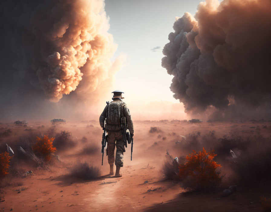 Desolate landscape with lone figure walking towards smoke plumes