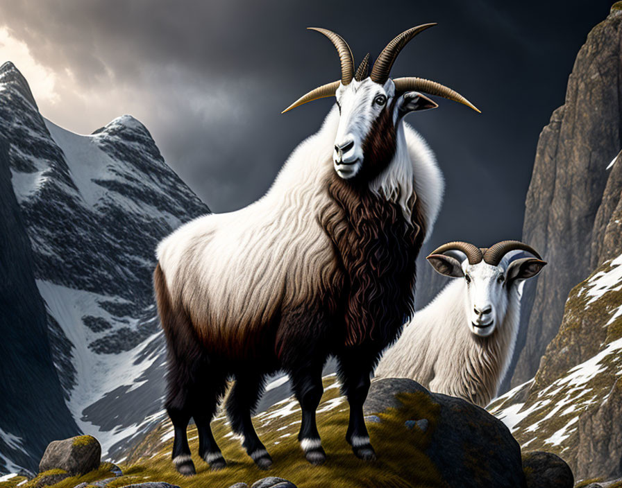Majestic goats with long horns on rocky outcrop with stormy sky