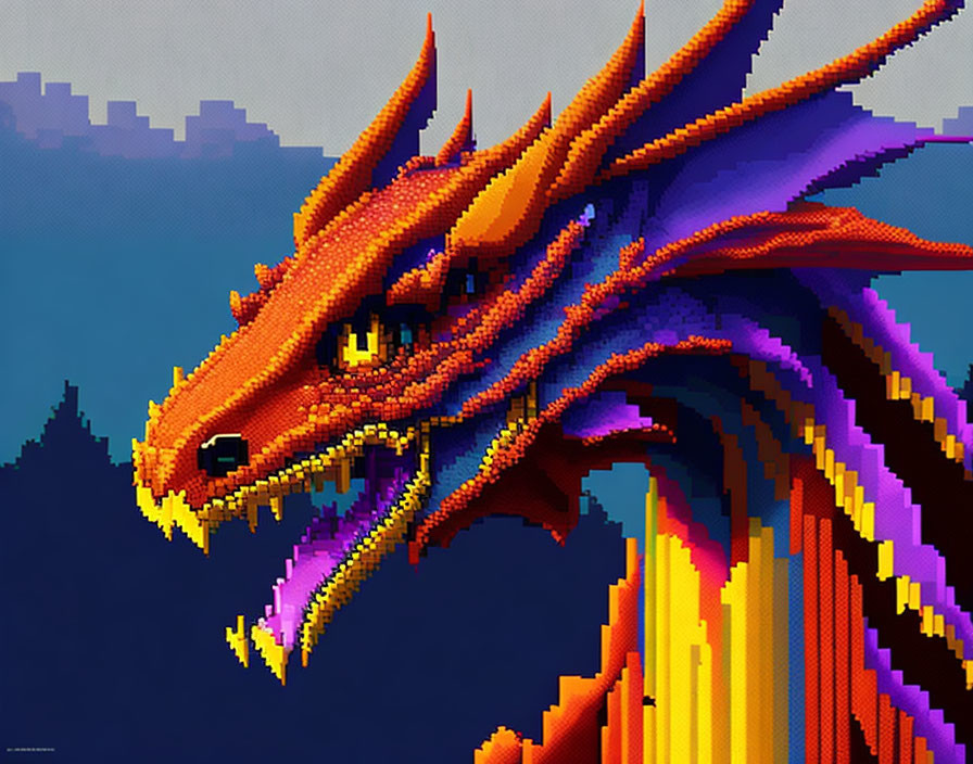 Pixelated multicolored dragon with fiery mane on blue background.