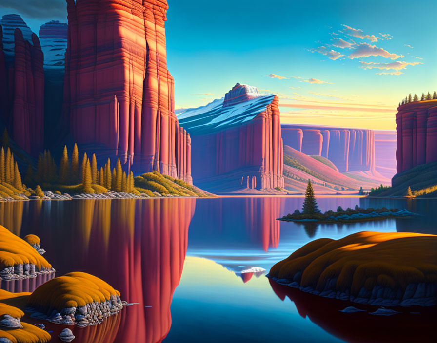 Tranquil digital art landscape with red rock formations, lake, pine trees, and sunset sky