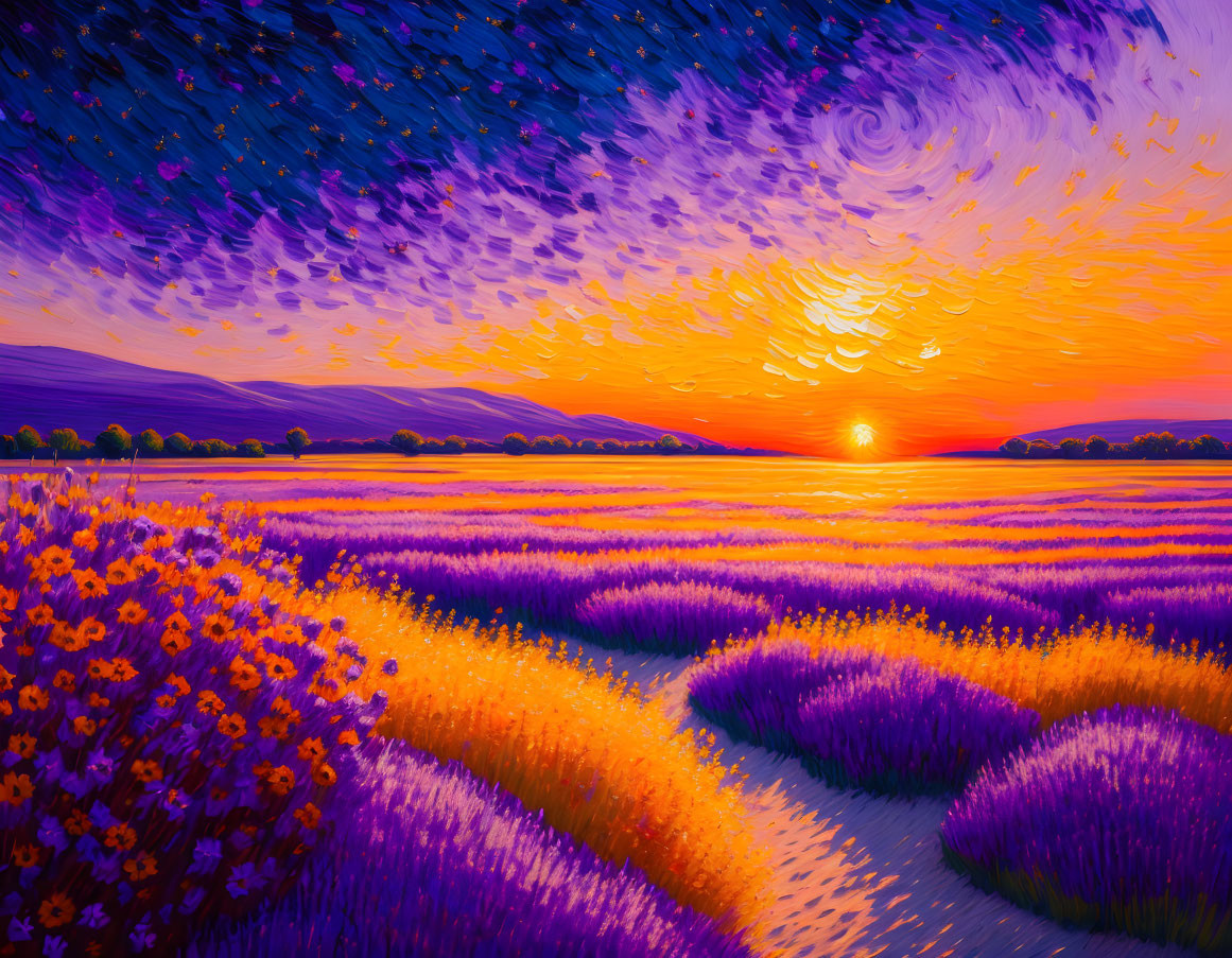 Starry sky above purple lavender fields at sunset