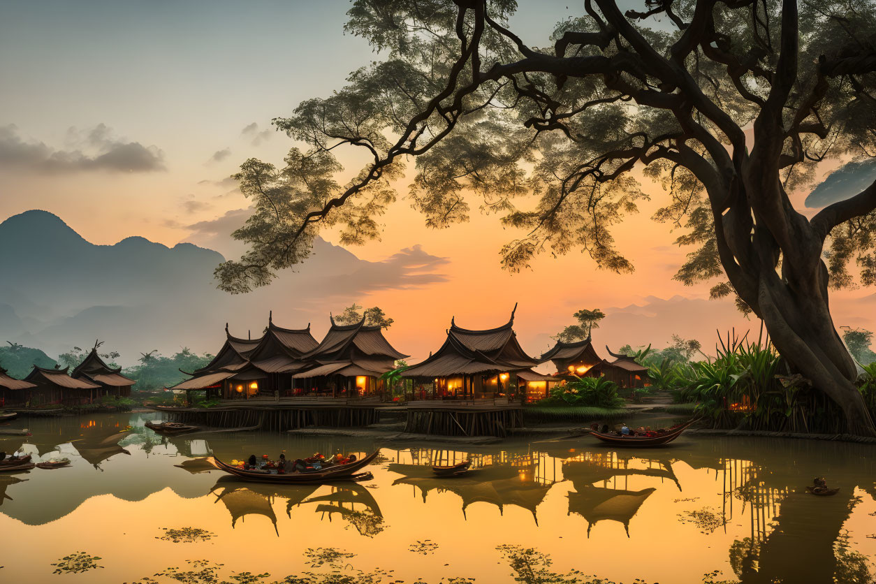 Asian village with pointed-roof structures near calm lake at sunset