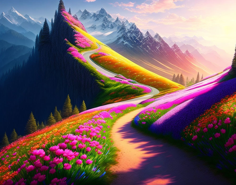 Scenic pathway with vibrant flowers and snowy mountains