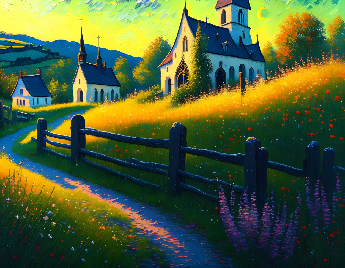 Scenic countryside church painting with rolling hills and sunset sky