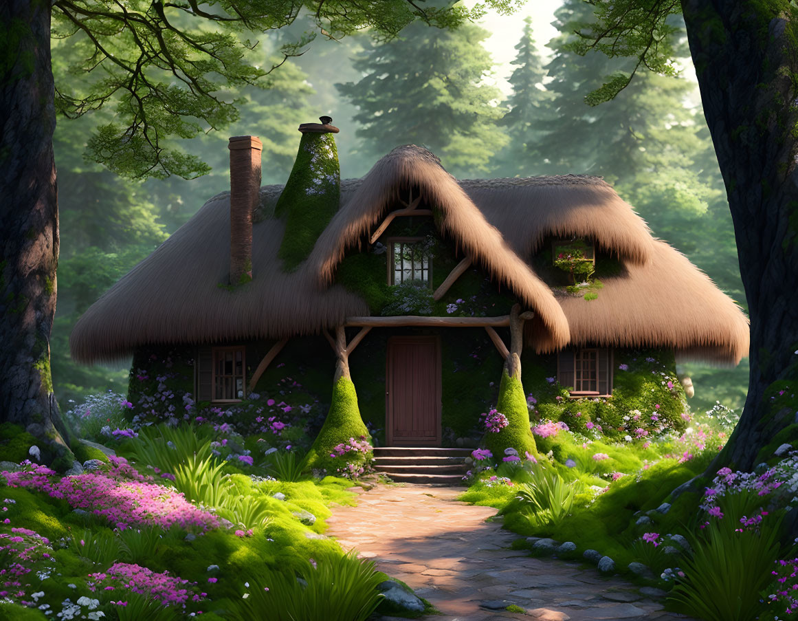 Quaint Thatched Roof Cottage in Lush Forest Setting