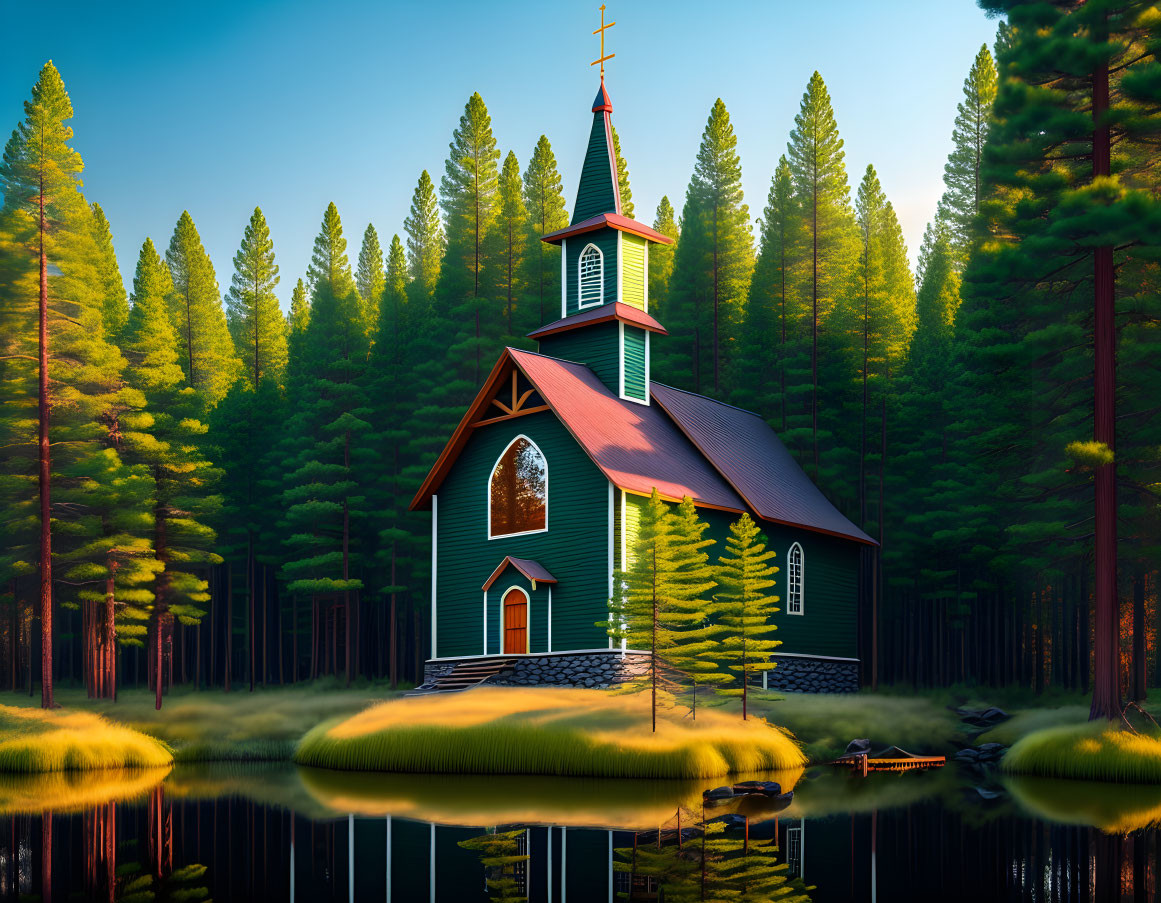 Serene church by pine trees reflected in lake at sunrise or sunset