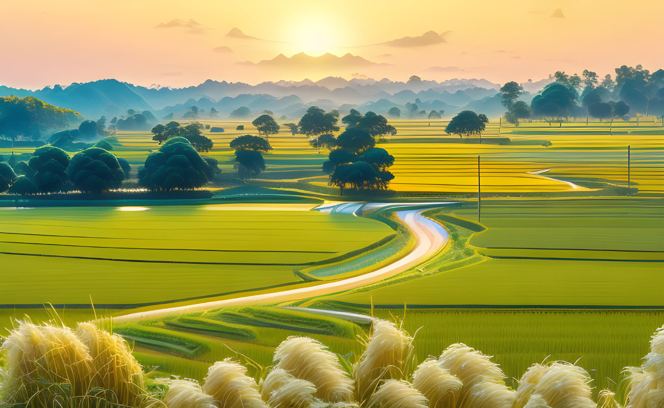 Vibrant rural landscape at sunrise with fields, road, and trees