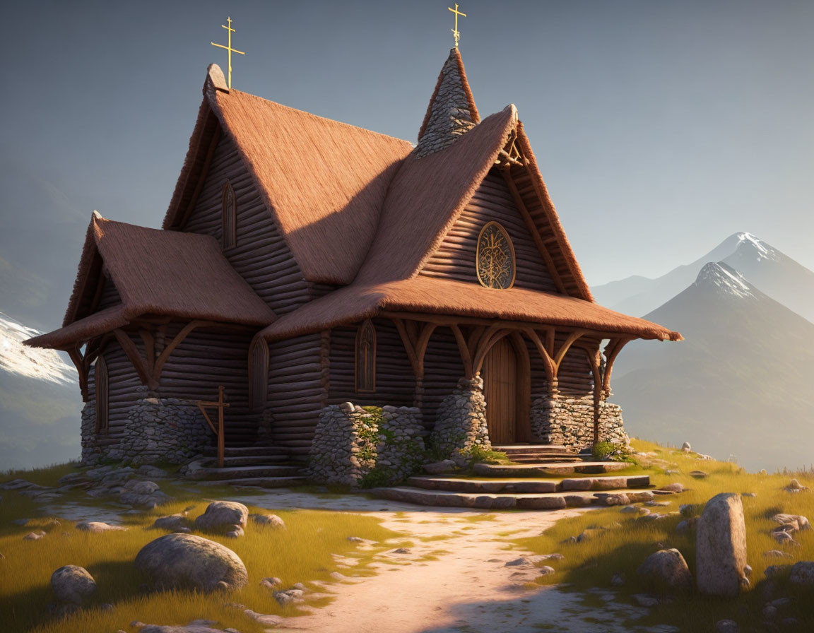 Wooden Stave Church Surrounded by Serene Landscape