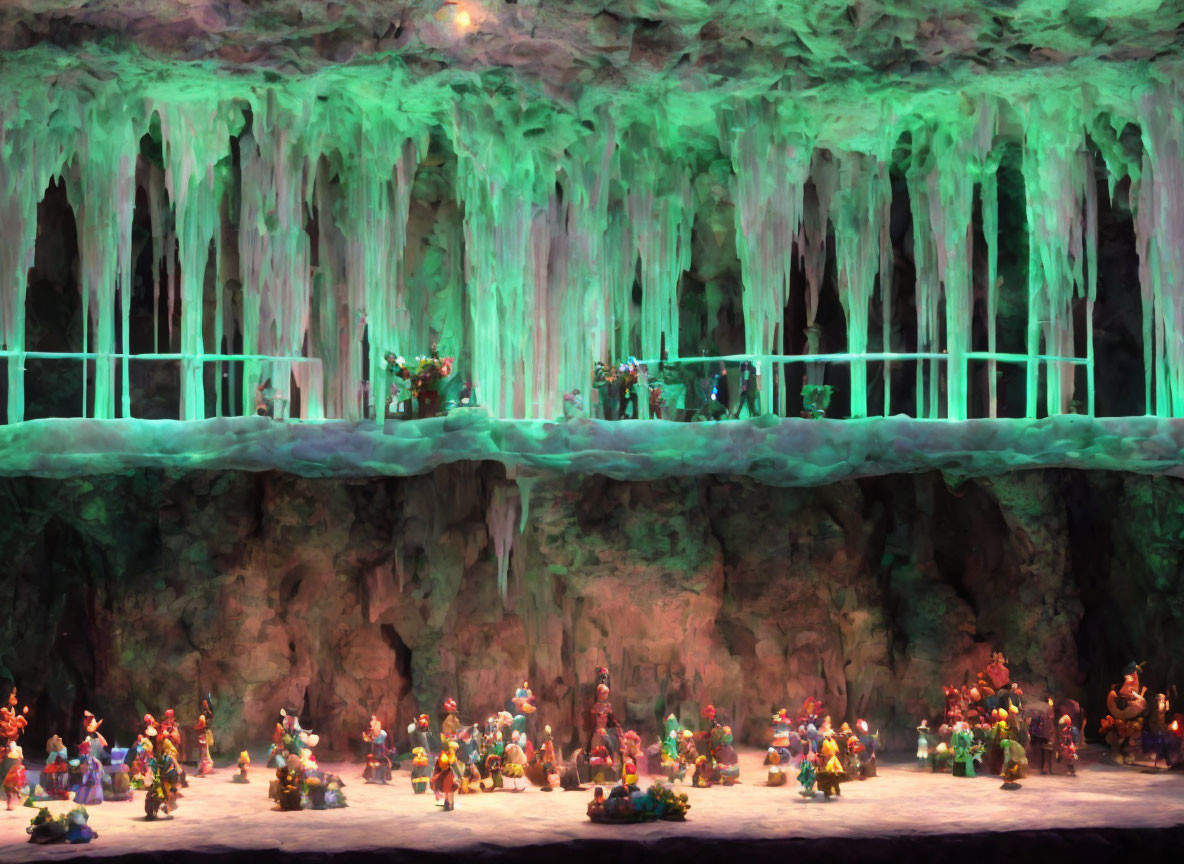 Vibrant fantasy cave diorama with green stalactites and goblin-like figurines