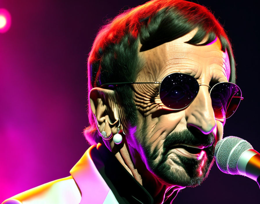 Man with Sunglasses and Microphone in Digital Art on Purple Background