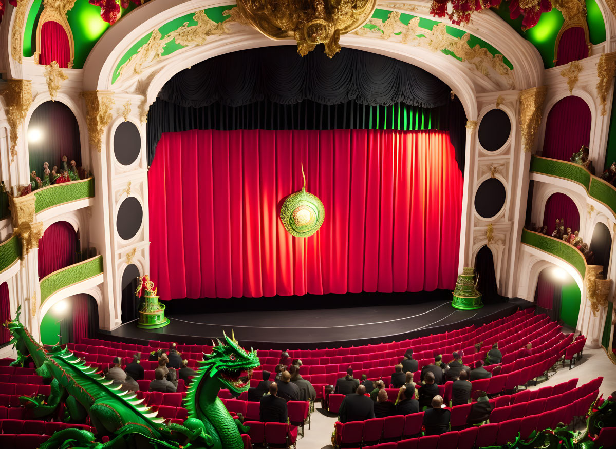 Theater interior with red curtains, green ornate seating, and audience.