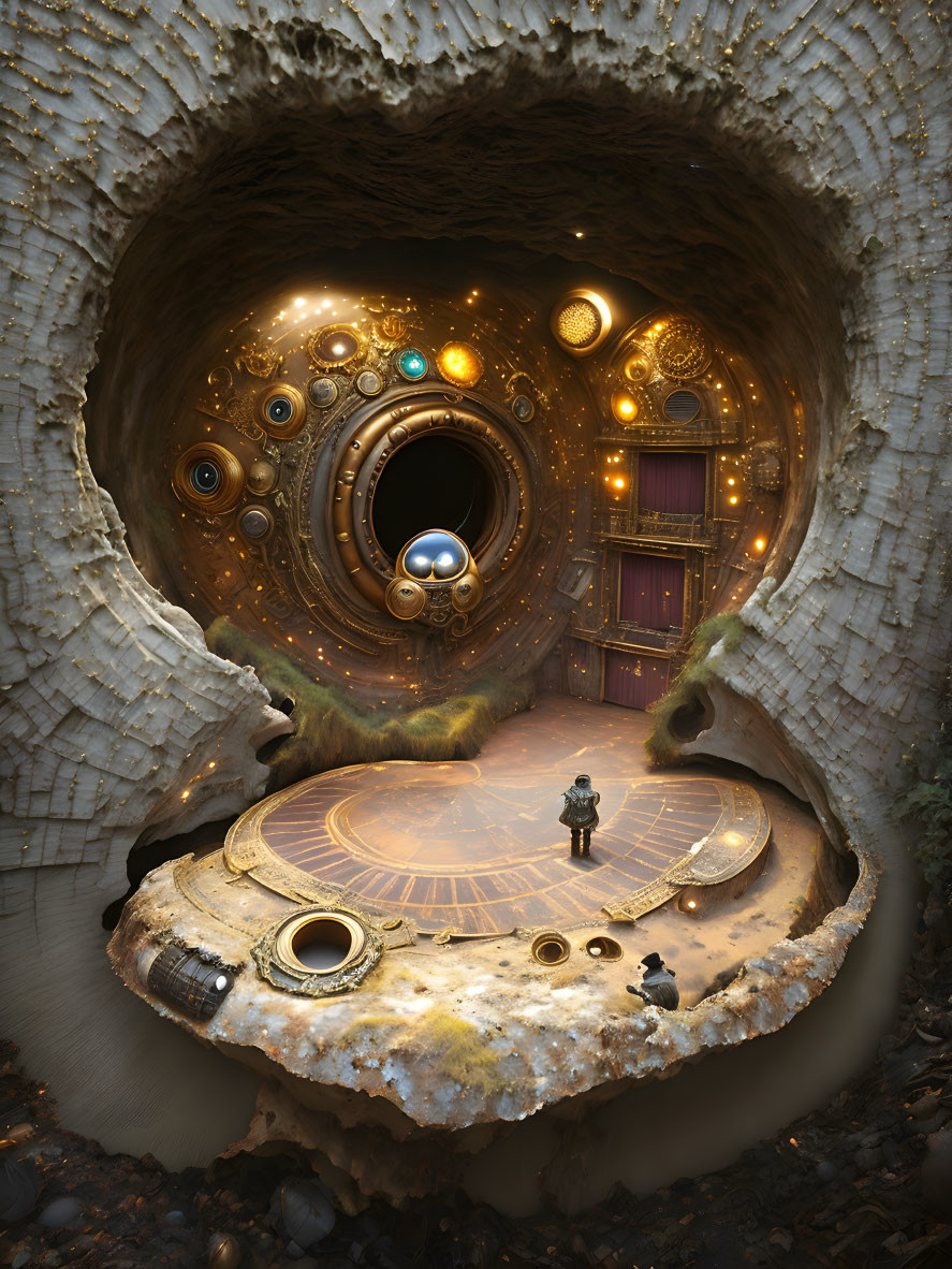 Intricate doors and spherical structures in fantastical underground chamber