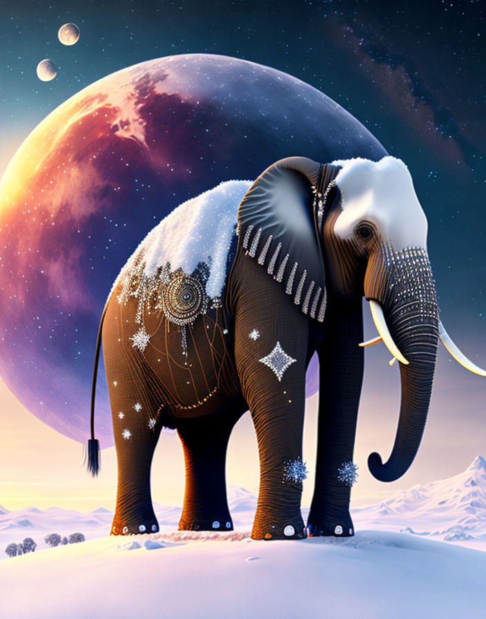 Digitally created surreal scene with adorned elephant and snowy back against moon and planets.