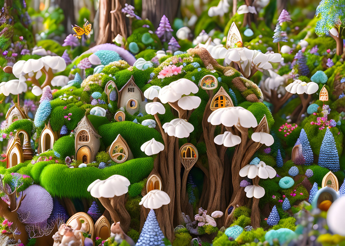 Miniature houses in tree-filled forest with vibrant greenery, mushrooms, and butterflies.