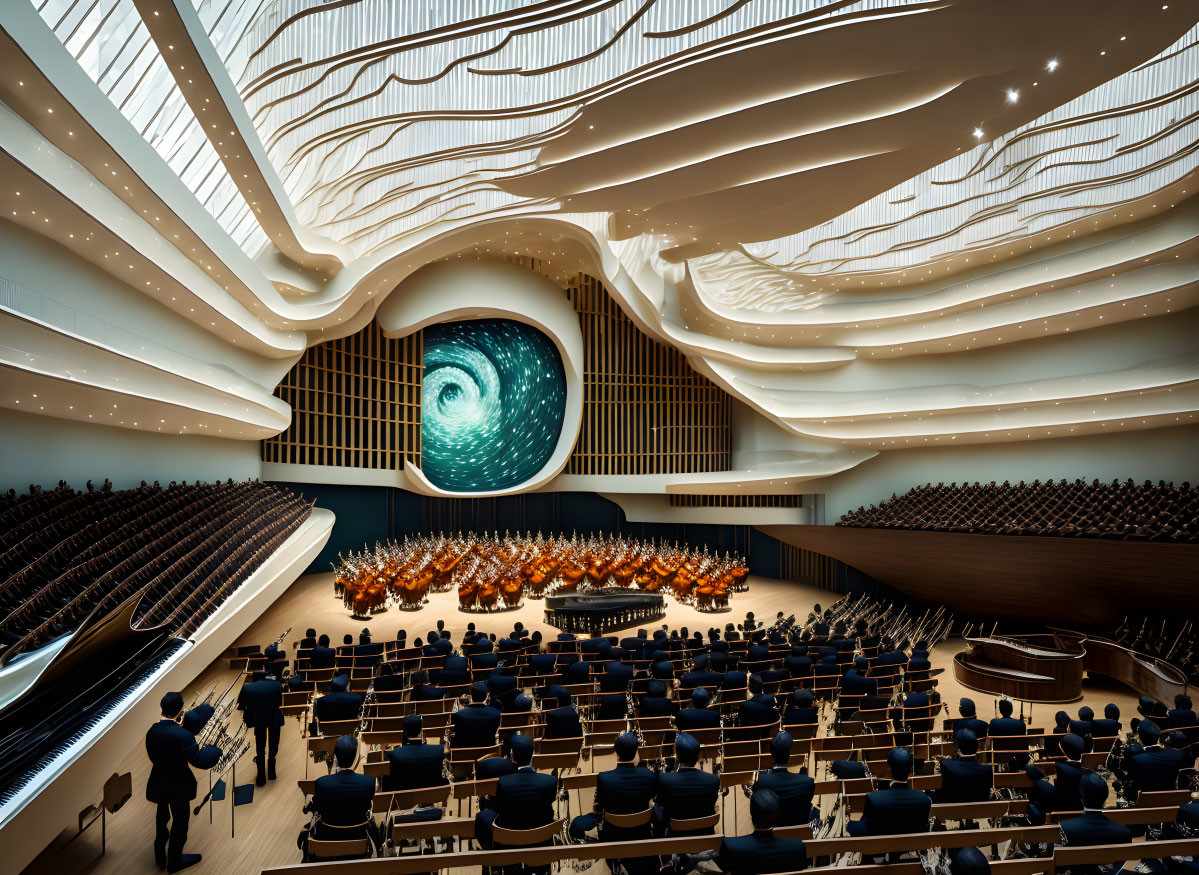 Contemporary concert hall with wooden wave designs and swirling abstract art piece