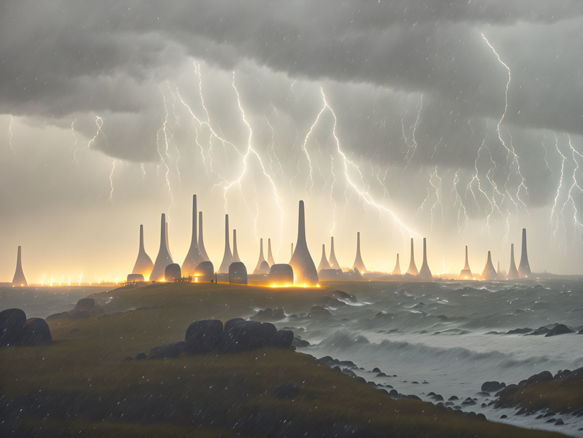 Stormy Seascape with Lightning Striking Futuristic Buildings