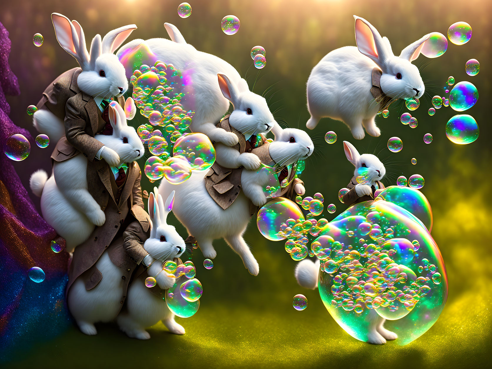 Fantasy illustration of white rabbits playing with iridescent bubbles in sunlit forest