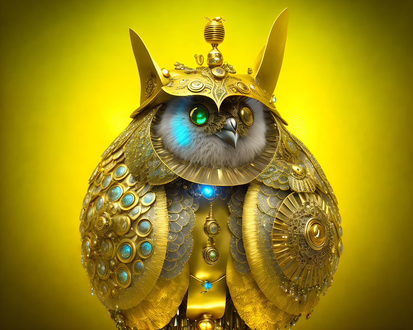 Steampunk mechanical owl with golden gears and blue eyes on yellow background