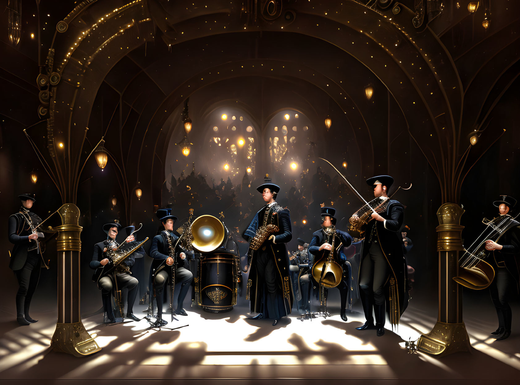 Animated Brass Band Performance in Formal Attire on Dramatic Stage