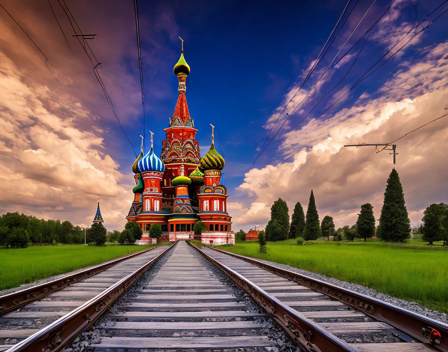 Colorful Saint Basil's Cathedral under dramatic sky in Moscow, Russia