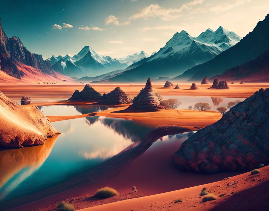 Vivid orange sand, blue waters, rock formations, snow-capped mountains under warm sky