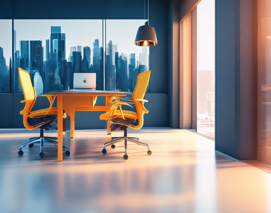 Minimalist Modern Office Interior with White Desk, Orange Chairs, City Skyline View