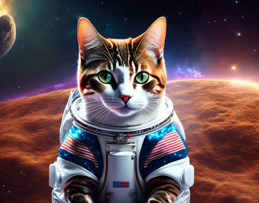 Cat in astronaut suit against cosmic background with planets and stars