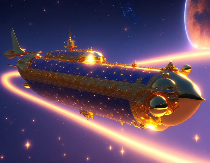 Golden airship flying through starry sky with planet and moon.