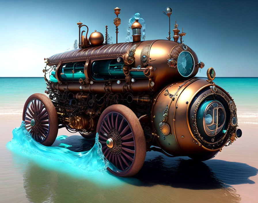 Steampunk-style submarine with wheels half submerged on sandy beach