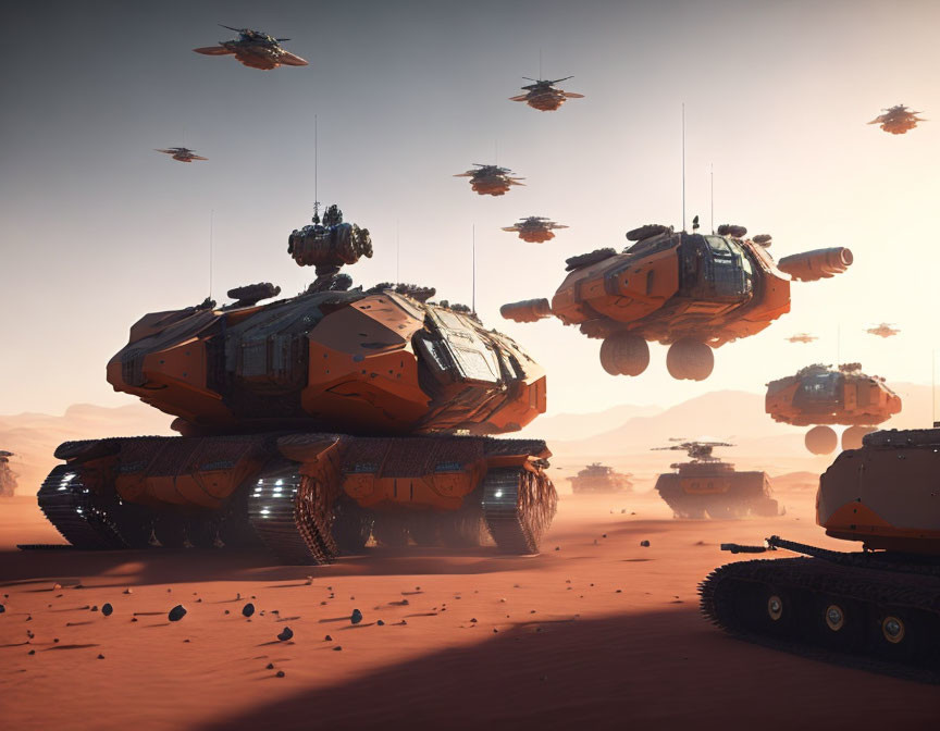 Sci-fi military operation with futuristic vehicles in desert landscape