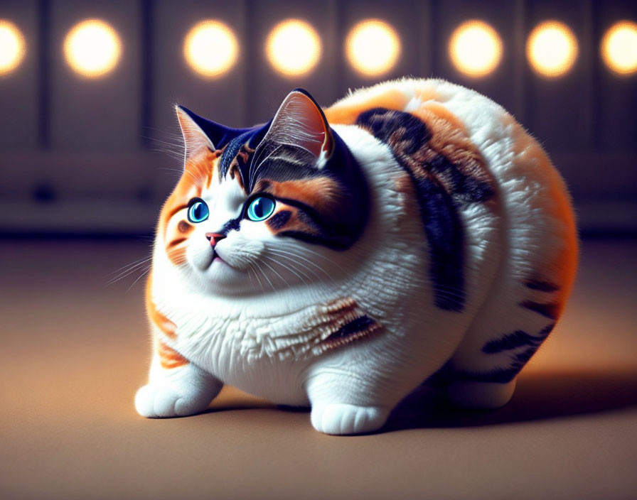 Chubby cat with orange and white fur in front of glowing lights