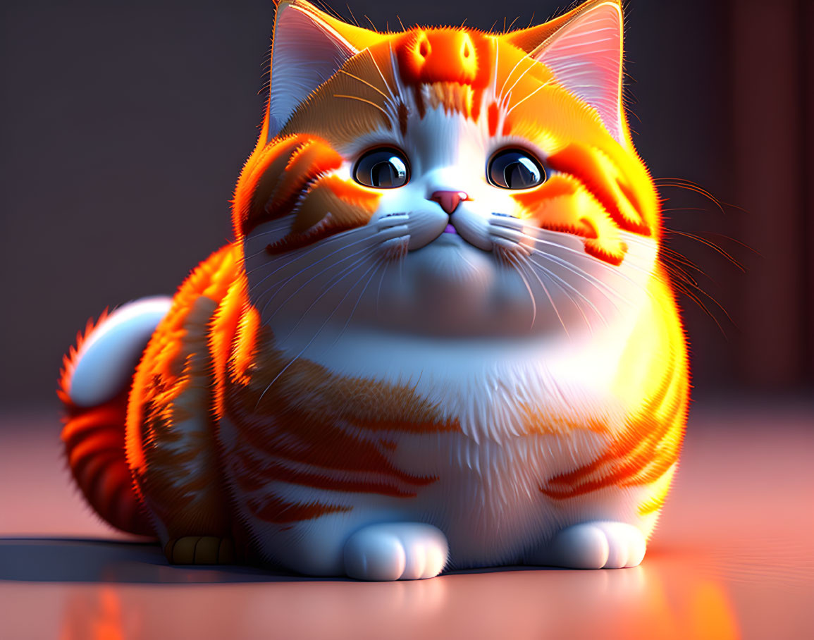 Plump orange-and-white striped cat with big blue eyes in detailed 3D animation