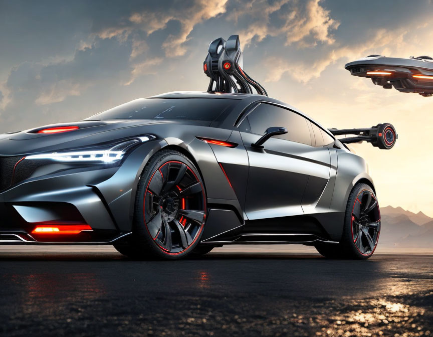 Futuristic car with red accents on open road at dusk