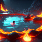 Mystical cave with glowing blue lagoon, floating people, and small fires - a magical scene