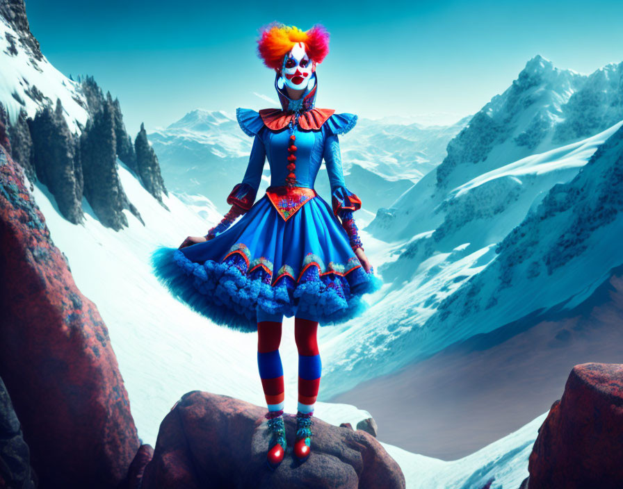 Colorful Clown Costume on Rocky Outcrop with Snowy Mountain Backdrop